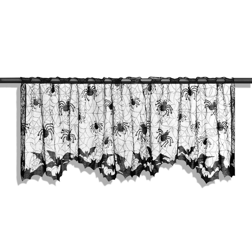 Halloween spiderweb kitchen curtains black semi-sheer lace with bats and spiders