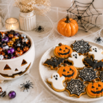 halloween kitchen decor pumpkin bowls ghost candy dishes cookie cutters and silicone molds on kitchen counter