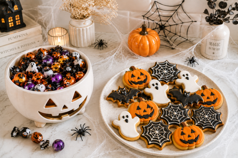 halloween kitchen decor pumpkin bowls ghost candy dishes cookie cutters and silicone molds on kitchen counter