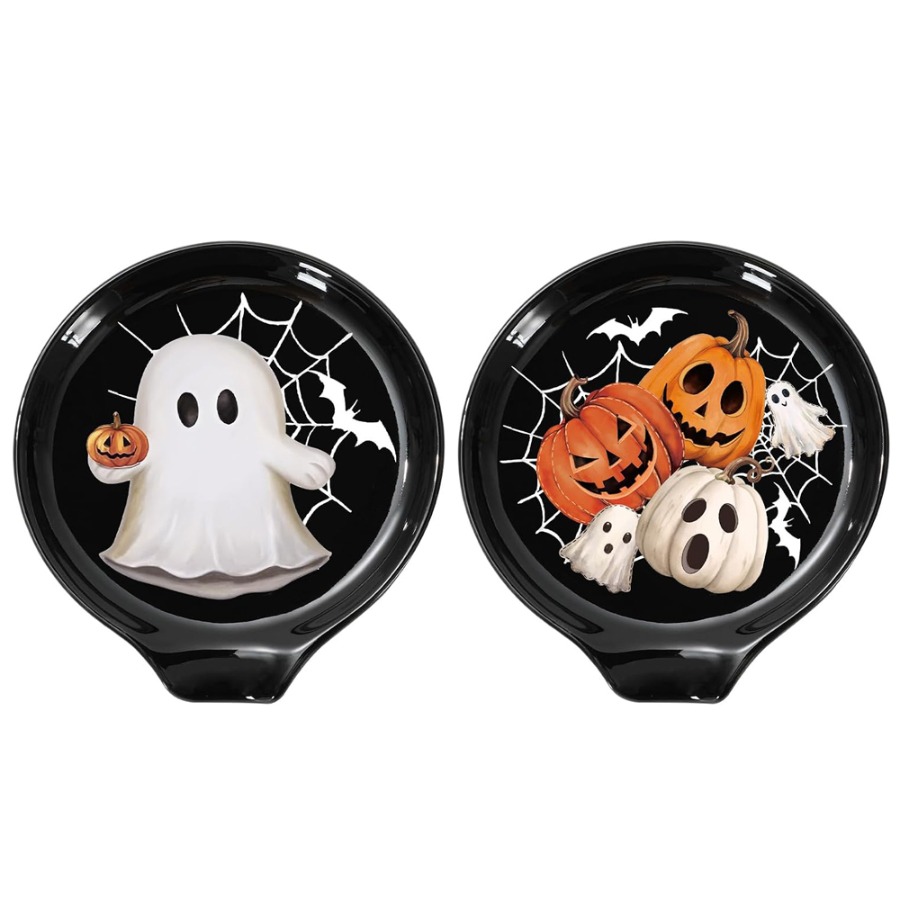 Ghost and pumpkin ceramic spoon rest set 4.7 inch for Halloween stovetop