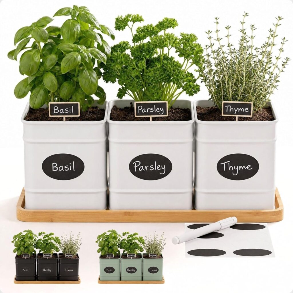 3-piece indoor herb planter set with bamboo tray and chalkboard labels