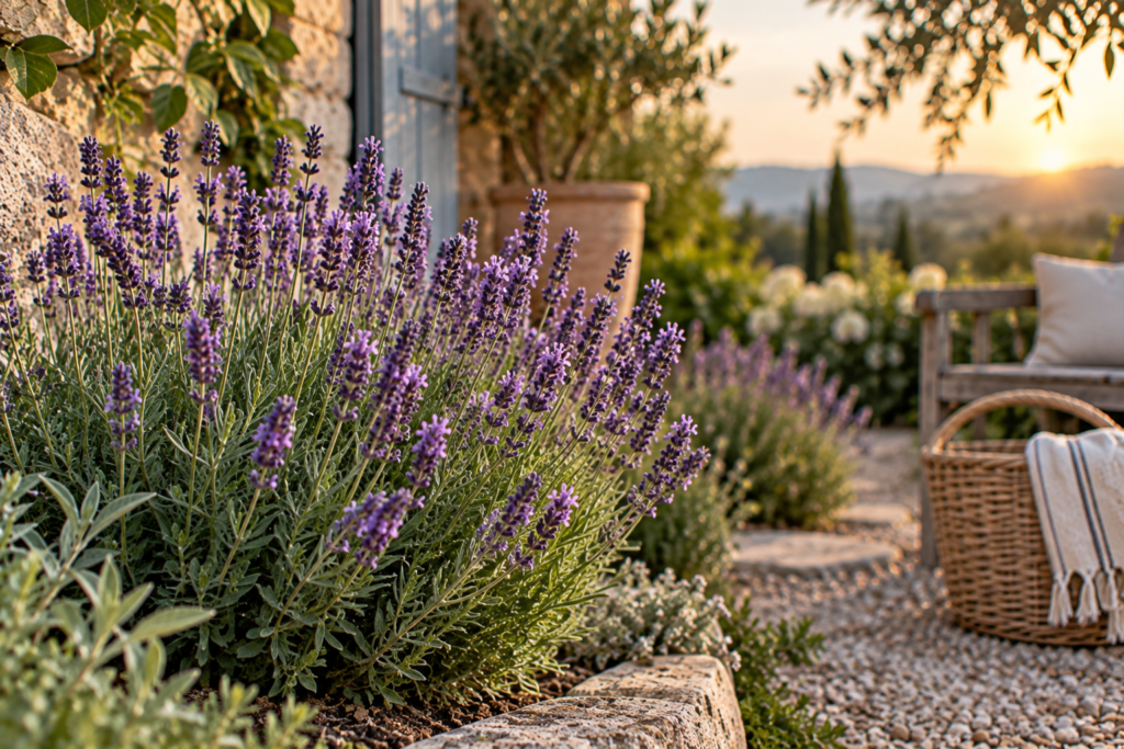 Blooming lavender growing beside a sunny garden path.