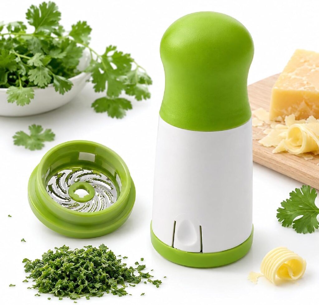 Manual herb chopper with stainless steel blades for rolling and grinding fresh herbs