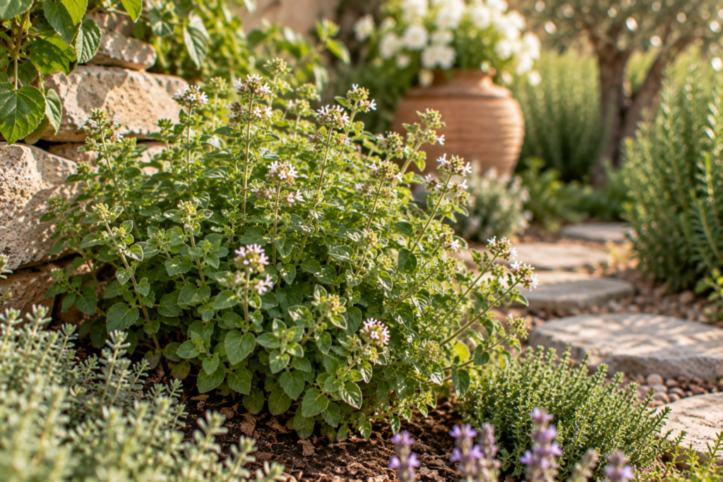 Fresh marjoram herb growing among other garden plants.