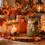 Mason jar fall decor with autumn flowers berries and twine on a wooden surface