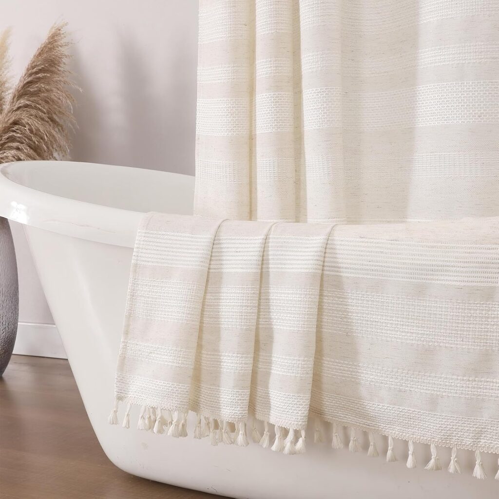 Natural linen boho farmhouse striped shower curtain with tassel fringe detailing