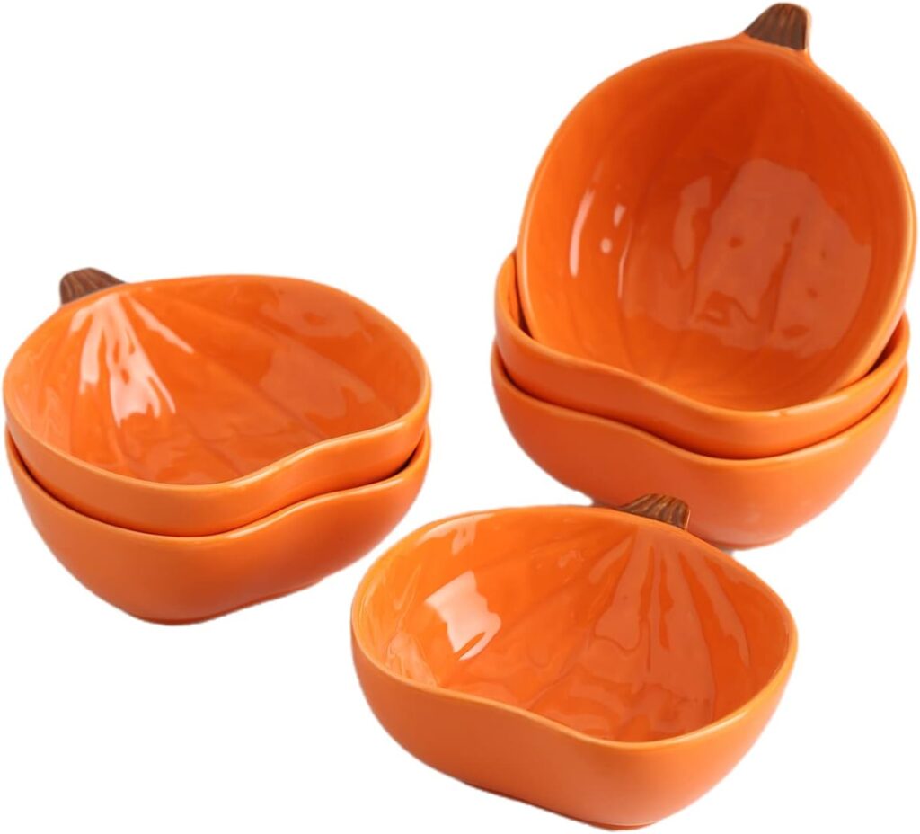 Orange ceramic pumpkin ramekin bowls oven-safe for Halloween kitchen decor