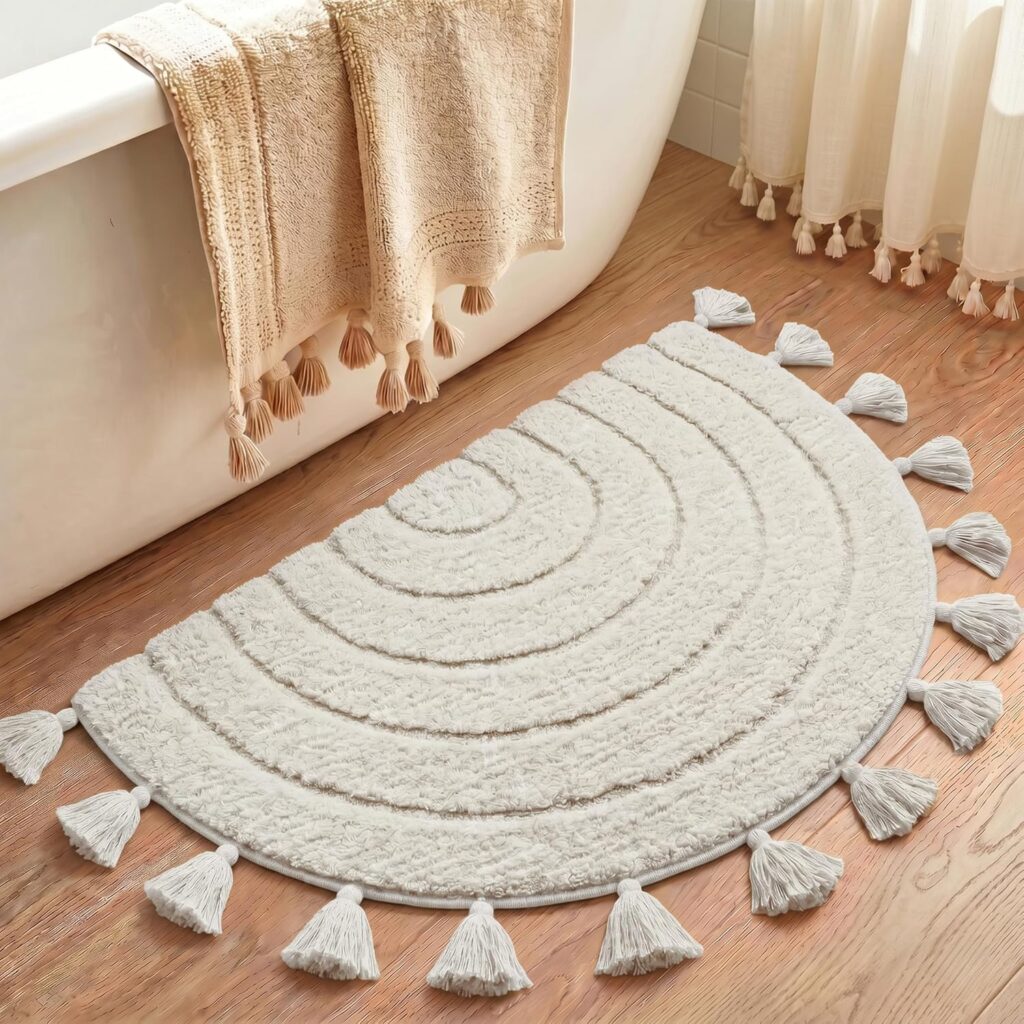 Oval bathroom rug plush microfiber absorbent in beige for cozy bathroom