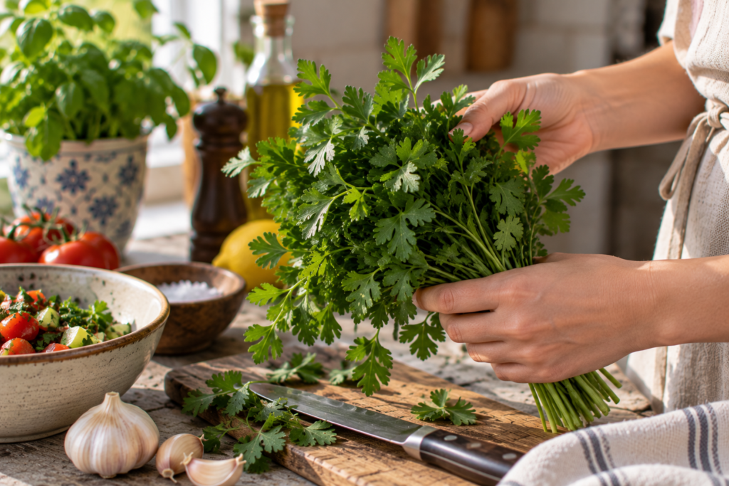 Fresh flat leaf parsley bunch common culinary herb for Mediterranean cooking
