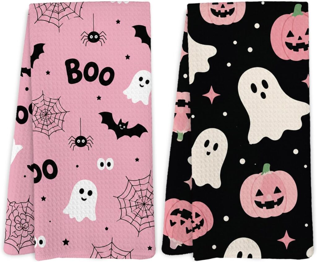 Pink and black Halloween ghost dish towels set preppy kitchen decor