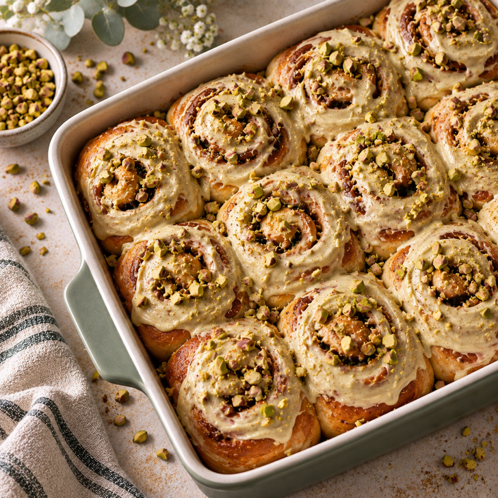 Pistachio cinnamon rolls with cream cheese and pistachio cream frosting