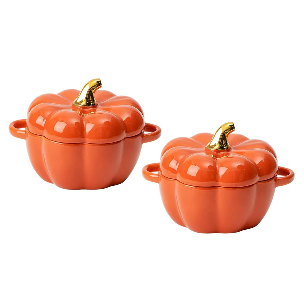 Pumpkin bowl set with lid and handle 14oz oven-safe stoneware ramekins
