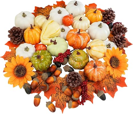 60-piece assorted pumpkins gourds acorns pinecones and maple leaves for fall harvest decor