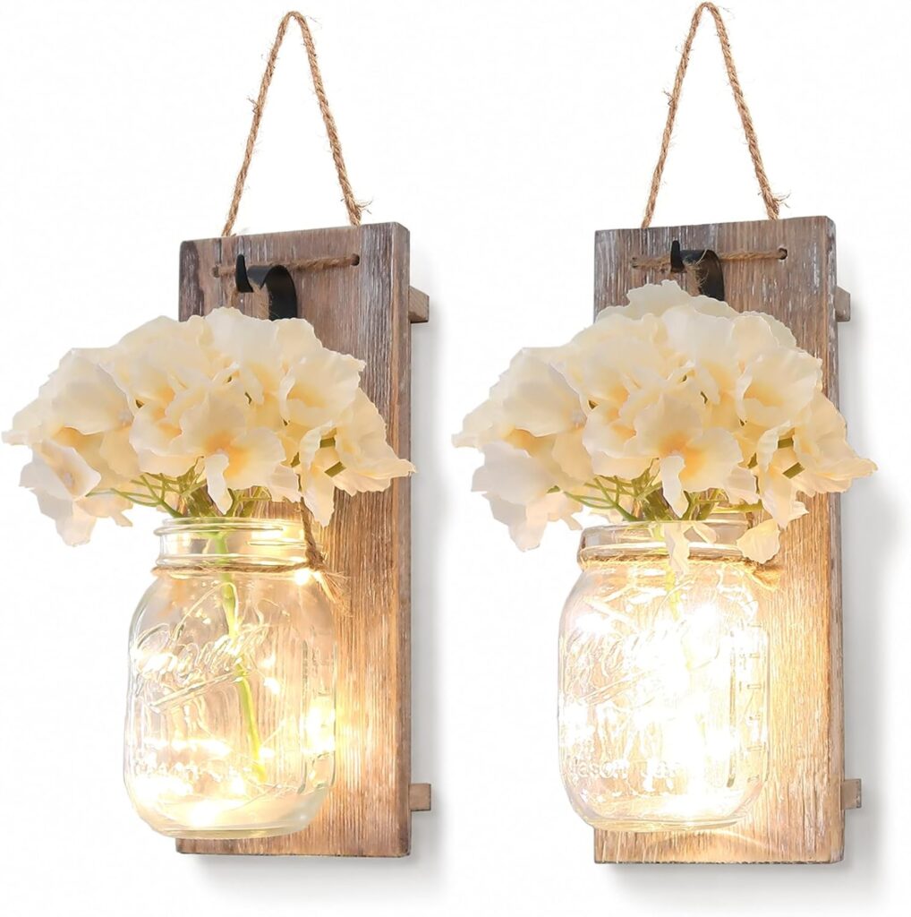Rustic mason jar sconces wall decor set of 2 with LED string lights for autumn home