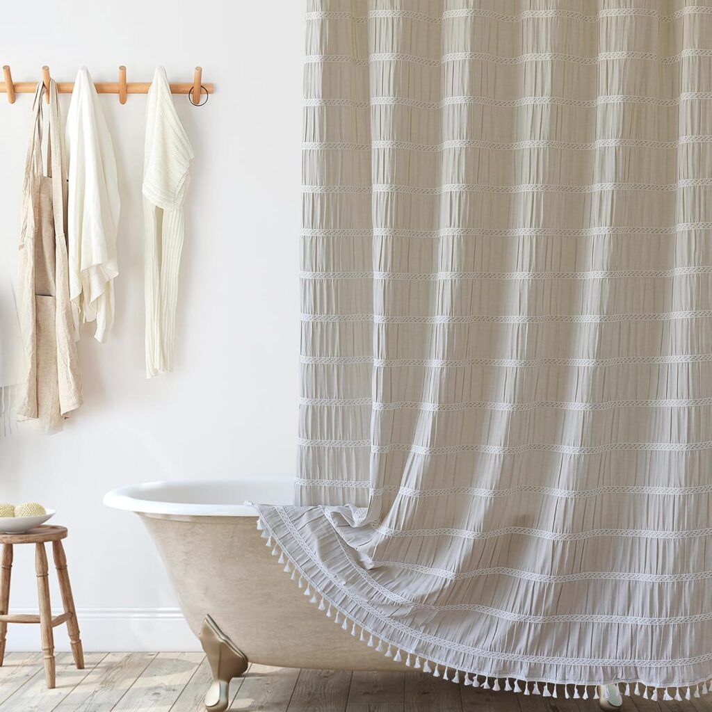 Siiluminisoy cream striped cotton blend rustic shower curtain thick and boho