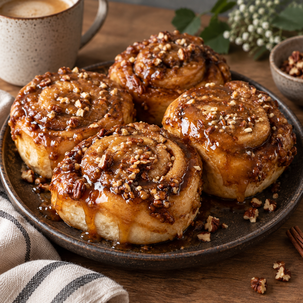 Pecan sticky buns with caramel glaze and chopped pecans freshly baked in pan