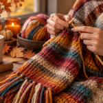 striped scarf knitting colorful handmade scarves with yarn and needles on wooden table