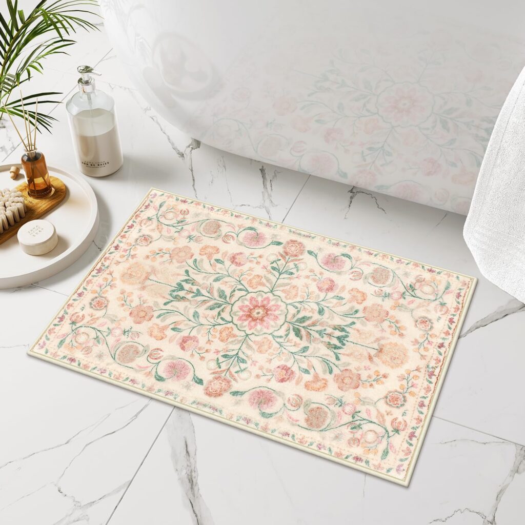 Uphome boho bath mat beige floral ultra-soft non-slip machine washable farmhouse