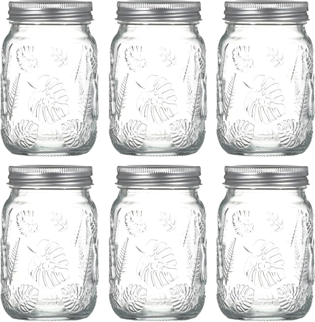 6-pack glass mason jars 16oz with leaf design for autumn home decor