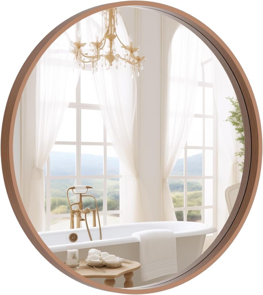 24-inch round walnut wood frame circle wall mirror for farmhouse or boho bathroom