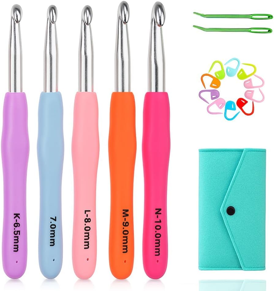 Ergonomic crochet hooks set with soft rubber handles and stitch markers for scarf knitting