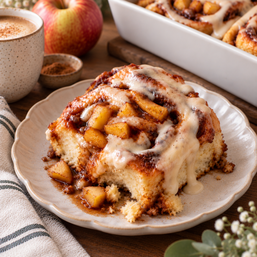 Apple cinnamon rolls with cream cheese icing and apple pie filling on top