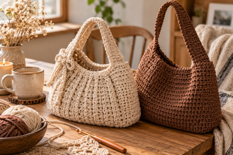 DIY crochet bag tutorials shoulder bag tote and purse made from cotton yarn on wooden table