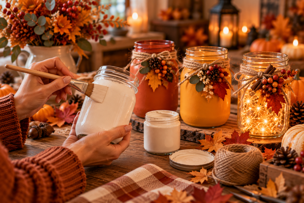 Woman painting a mason jar with chalk paint for a cozy fall DIY project
