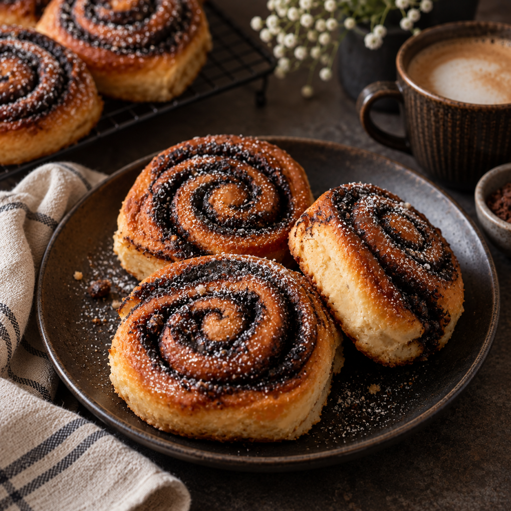 Homemade chocolate sweet rolls with cocoa sugar filling dusted with powdered sugar