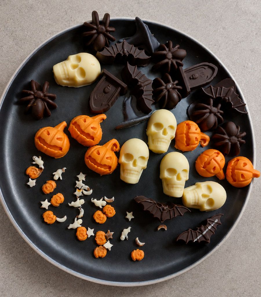 Homemade Halloween muffins decorated with tiny silicone mold figures on a kitchen counter