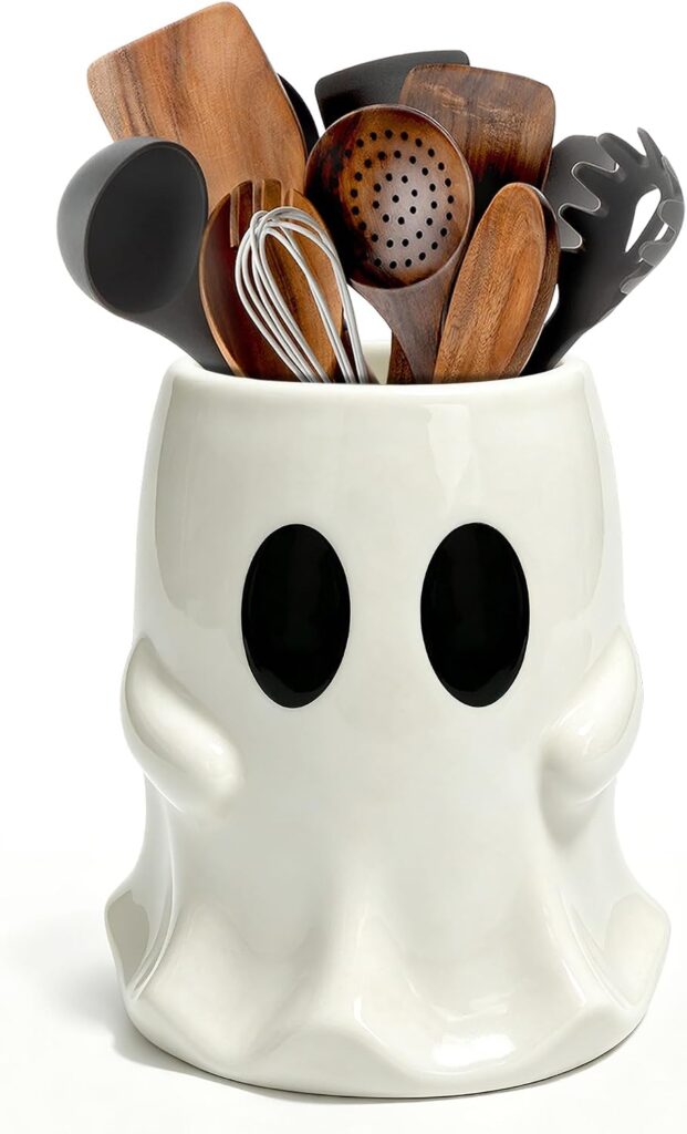 Ghost ceramic utensil holder 6.3 inch white Halloween kitchen counter crock