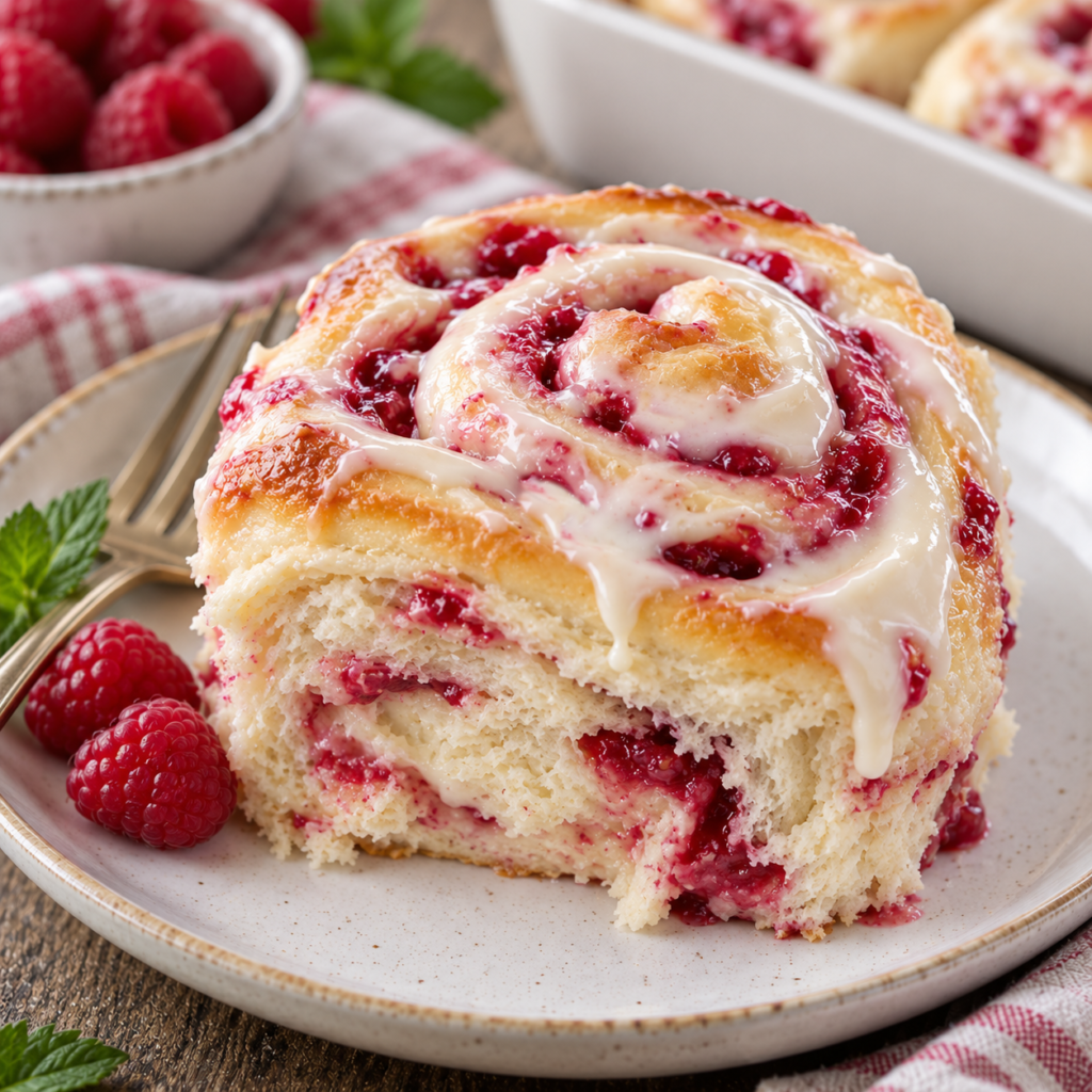 Raspberry sweet rolls with lemon cream cheese frosting and fresh raspberry filling