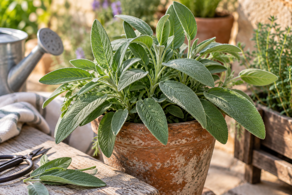 Fresh sage leaves common culinary herb for brown butter pasta and stuffing