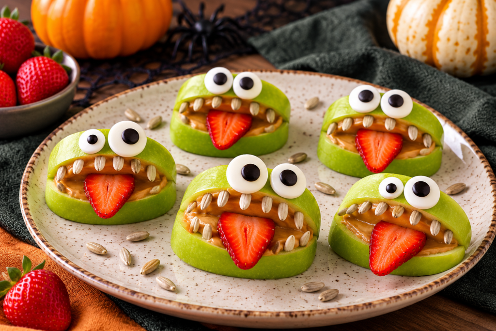 Green apple monsters with peanut butter, sunflower seed teeth and candy eyes
