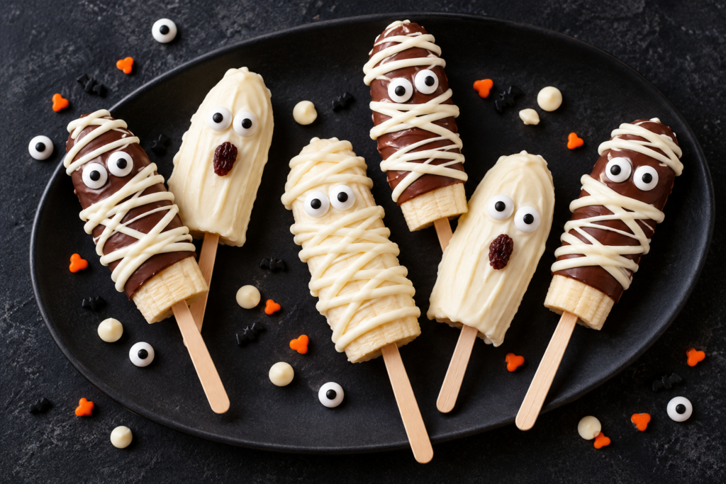 Halloween banana ghosts and chocolate-covered banana mummies