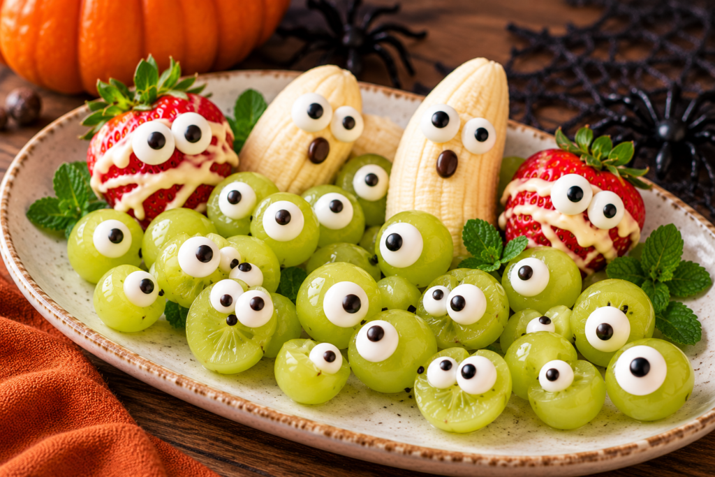 Green grape cyclops monsters with candy eyes