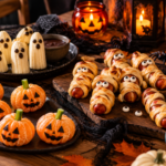 Halloween snack ideas spooky fruit faces pretzel skeleton and spider muffins on party table