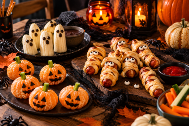Halloween snack ideas spooky fruit faces pretzel skeleton and spider muffins on party table