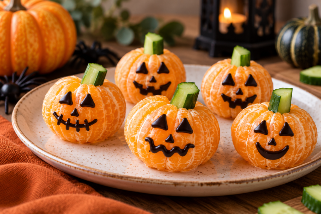 Mandarin pumpkins with chocolate jack-o-lantern faces and cucumber stems
