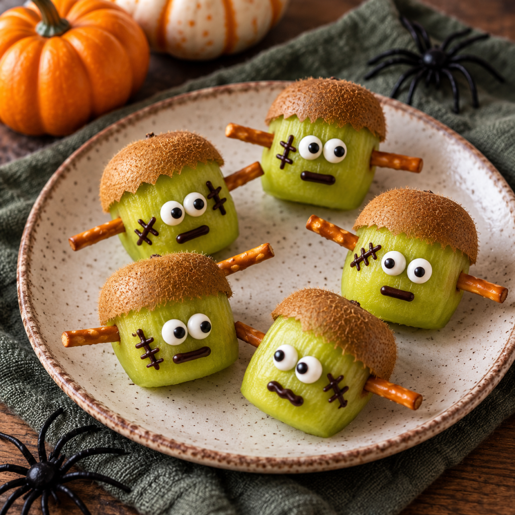 Cute Frankenstein faces made from green kiwi fruit