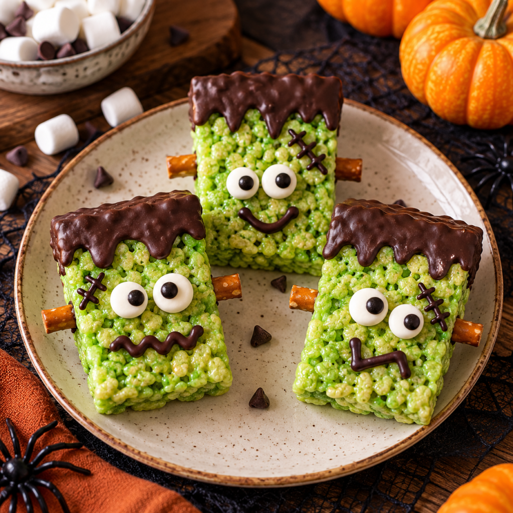 Kiwi Frankenstein snacks with candy eyes and chocolate details