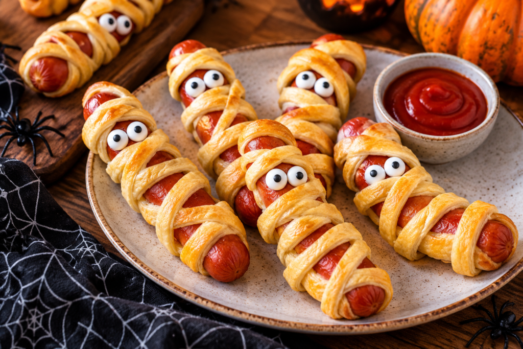 Puff pastry mummy hot dogs with candy eyes