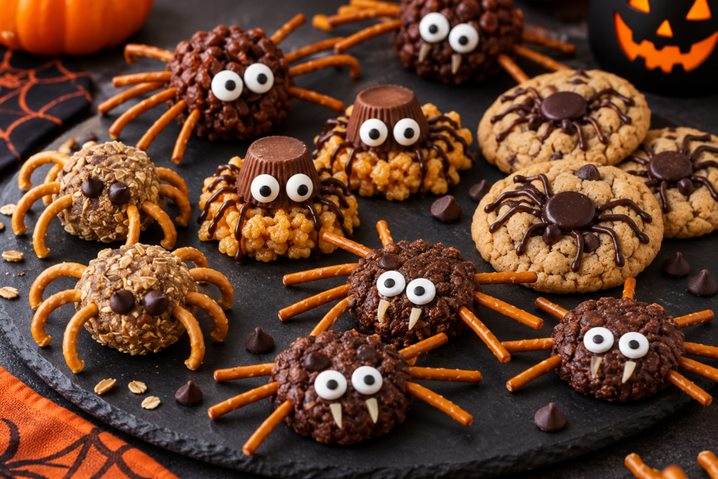 Chocolate cereal spiders with pretzel stick legs and candy eyes